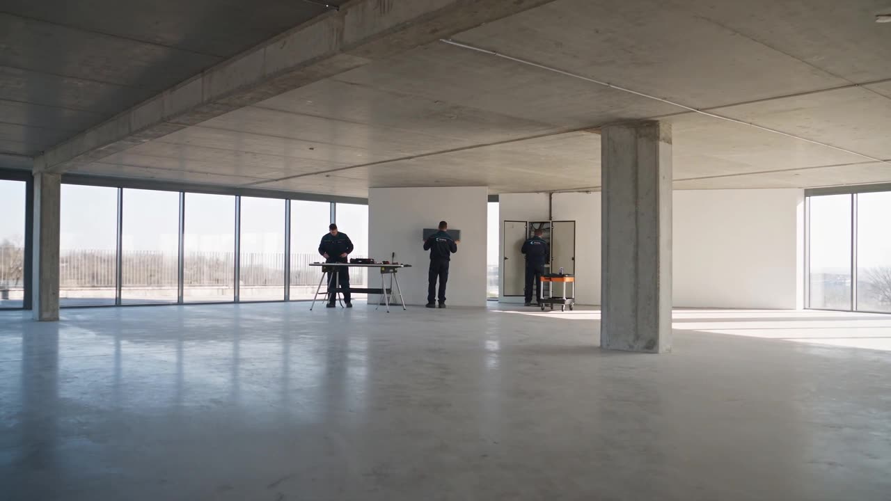 Монтажники в форме устанавливают внутренний блок кондиционера